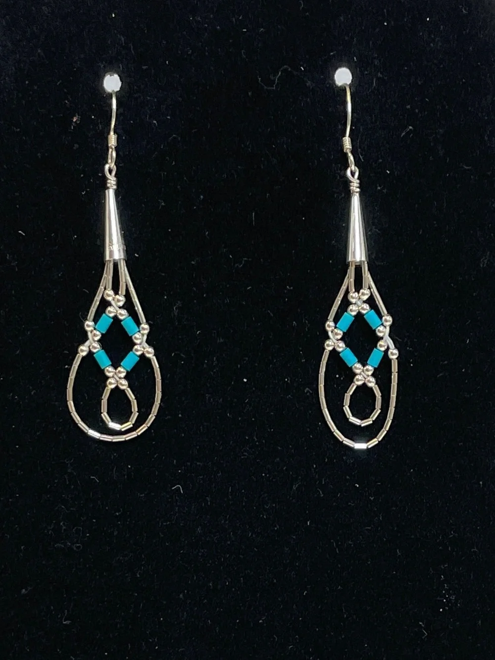 VTG Handmade Liquid Silver Heishi Turquoise Beads Dangle Hook Earrings READ